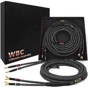 WORLDS BEST CABLES 12 Foot Ultimate - 9 AWG - Ultra-Pure OFC - Premium Audiophile HiFi Speaker Cable Pair with Eminence Gold Banana (x2) & Spade (x2) Plugs & Carbon Tweed Jacket