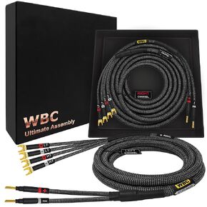 WORLDS BEST CABLES 12 Foot Ultimate - 9 AWG - Ultra-Pure OFC - Premium Audiophile HiFi Bi-Wire Speaker Cable Pair with Eminence Gold Banana (x2) & Spade (x4) Plugs & Carbon Tweed Jacket