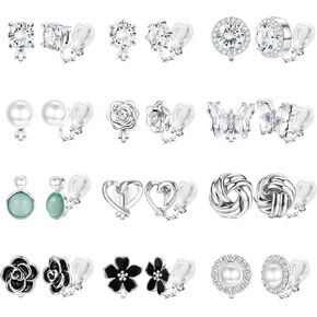 THUNARAZ 12 Pairs Comfortable Clip on Earrings for Women Sparklrd Crystal Clip Earrings CZ Cute Butterfly Flower Pearl Clip on Stud Earrings Girls Non Piercing Jewelry