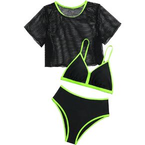 WDIRARA Girl's 3 Pieces Color Block Contrast Trim Bikini Set Swimsuit with Mesh Cover Up Top