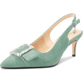 NobleOnly Close Pointed Toe Mid Kitten Heels for Women Buckle Slingback Pumps Slip-on Dress Rhinestone Crystal Shoes 2.6 Inches Heels
