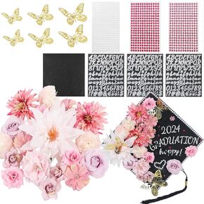 TKNOUS Red DIY Graduation Cap Decorations Set - Faux Flower Heads 3D Butterfly Stickers Adhesive Rhinestones Glitter Letter Stickers Glitter Paper for Graduation Hat Topper Handmade Supplies