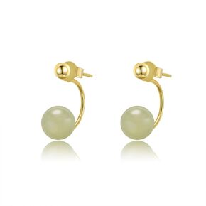 Natural Hetian Jade Earrings for Women, Dainty Lucky Green Real Jade Charm Pendant Ear Jewelry Studs, Handmade Ear Stud Earrings Gift for Mom Lover Her (925 Sterling Silver with Gold Plated)