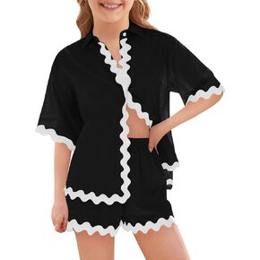 Haloumoning Girls' 2 Piece Clothing Sets Summer Short Sleeve Button Down T Shirt and Shorts Sweatsuits for 5-14 Years