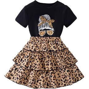 Floerns Girl's 2 Piece Outfit Short Sleeve Tee Shirt Leopard Layered Skirts Set