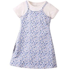 OYOANGLE Girl's 2 Piece Outfits Floral Print Cami Short Dress and Short Sleeve Rib Knit T Shirt Sets