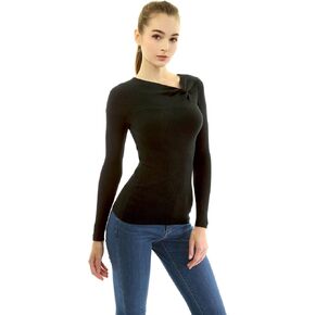 AmélieBoutik Women Asymmetric Twist Knot Neckline Ribbed Sweater