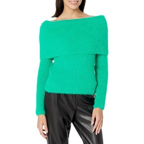 BCBGMAXAZRIA Women's Off Shoulder Neck Long Sleeve Fold Over Collar Rip Pullover Sweater Top