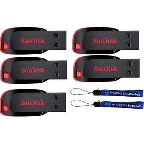 SanDisk (5 Pack) Cruzer Blade 64GB USB Type-A 2.0 Compact Flash Drive Compatible with Laptops and Desktop Computers SDCZ50-064G-B35 - Bundle with (2) Everything But Stromboli Lanyards