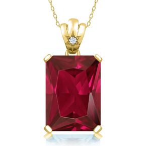 Gem Stone King 18K Yellow Gold Plated Silver Red Created Ruby Pendant Necklace For Women (20.05 Cttw, Emerald Cut 18X13MM, with 18 Inch Silver Chain)