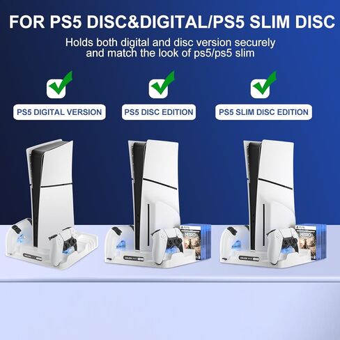 محطة تبريد ملحقات رفيعة SWCTIM PS5 لوحدة تحكم PS5 Slim وPS5، محطة شحن لوحدة تحكم PS5، مروحة تبريد 3 مستويات مع ضوء مؤشر الشحن، تخزين 8 أقراص مضغوطة للألعاب in Kuwait