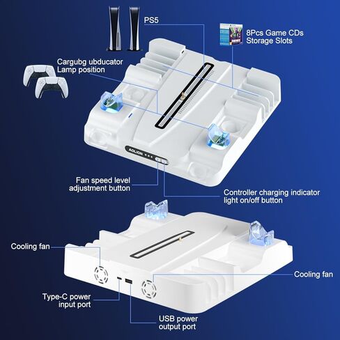 محطة تبريد ملحقات رفيعة SWCTIM PS5 لوحدة تحكم PS5 Slim وPS5، محطة شحن لوحدة تحكم PS5، مروحة تبريد 3 مستويات مع ضوء مؤشر الشحن، تخزين 8 أقراص مضغوطة للألعاب in Kuwait