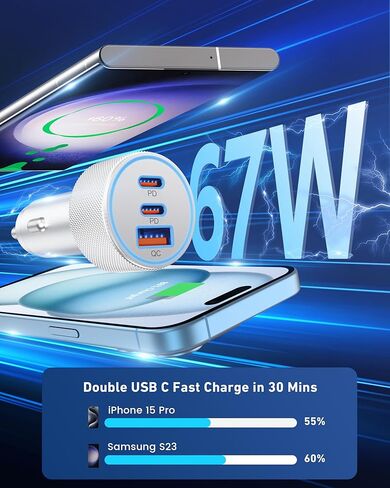 شاحن سيارة 67 واط 3 منافذ USB C، KENHAO مزدوج USB-C وUSB-A محول طاقة السيارة ولاعة السجائر شحن سريع لهاتف iPhone 15/14/13/12/11/Pro Max، iPad، Samsung Galaxy S24/S23/S22/ S21، بيكسل، هاتف أندرويد in Kuwait