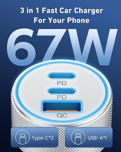 شاحن سيارة 67 واط 3 منافذ USB C، KENHAO مزدوج USB-C وUSB-A محول طاقة السيارة ولاعة السجائر شحن سريع لهاتف iPhone 15/14/13/12/11/Pro Max، iPad، Samsung Galaxy S24/S23/S22/ S21، بيكسل، هاتف أندرويد in Kuwait