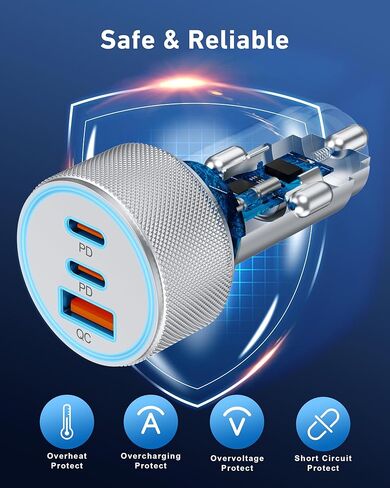 شاحن سيارة 67 واط 3 منافذ USB C، KENHAO مزدوج USB-C وUSB-A محول طاقة السيارة ولاعة السجائر شحن سريع لهاتف iPhone 15/14/13/12/11/Pro Max، iPad، Samsung Galaxy S24/S23/S22/ S21، بيكسل، هاتف أندرويد in Kuwait