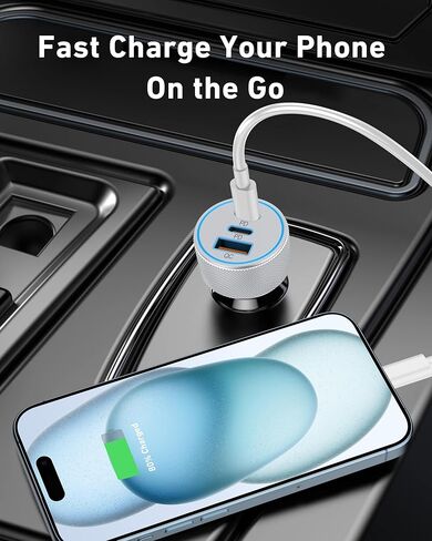 شاحن سيارة 67 واط 3 منافذ USB C، KENHAO مزدوج USB-C وUSB-A محول طاقة السيارة ولاعة السجائر شحن سريع لهاتف iPhone 15/14/13/12/11/Pro Max، iPad، Samsung Galaxy S24/S23/S22/ S21، بيكسل، هاتف أندرويد in Kuwait