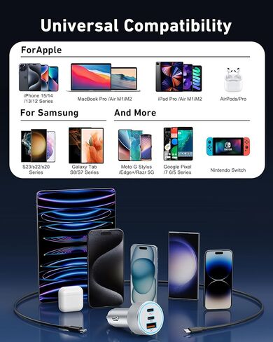 شاحن سيارة 67 واط 3 منافذ USB C، KENHAO مزدوج USB-C وUSB-A محول طاقة السيارة ولاعة السجائر شحن سريع لهاتف iPhone 15/14/13/12/11/Pro Max، iPad، Samsung Galaxy S24/S23/S22/ S21، بيكسل، هاتف أندرويد in Kuwait