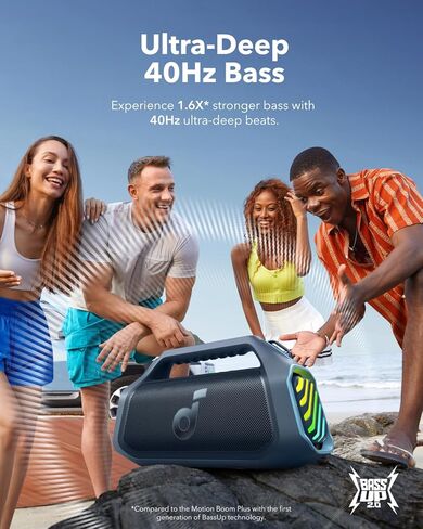 مكبر صوت Soundcore Boom 2 Plus خارجي، 140 واط، 2 + 2 قناة، BassUp 2.0، 20 ساعة، شحن سريع، IPX7 مقاوم للماء، أضواء RGB، USB-C، بنك الطاقة، BT 5.3، مكبر صوت بلوتوث محمول، التخييم، الشاطئ، الفناء الخلفي in Saudi Arabia