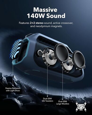 مكبر صوت Soundcore Boom 2 Plus خارجي، 140 واط، 2 + 2 قناة، BassUp 2.0، 20 ساعة، شحن سريع، IPX7 مقاوم للماء، أضواء RGB، USB-C، بنك الطاقة، BT 5.3، مكبر صوت بلوتوث محمول، التخييم، الشاطئ، الفناء الخلفي in Saudi Arabia