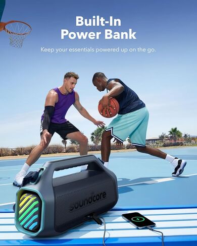 مكبر صوت Soundcore Boom 2 Plus خارجي، 140 واط، 2 + 2 قناة، BassUp 2.0، 20 ساعة، شحن سريع، IPX7 مقاوم للماء، أضواء RGB، USB-C، بنك الطاقة، BT 5.3، مكبر صوت بلوتوث محمول، التخييم، الشاطئ، الفناء الخلفي in Saudi Arabia