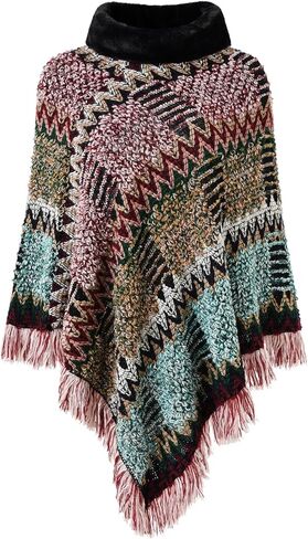 Ferand Women's Cozy Boho Turtleneck Poncho Sweater with Fringe Stylish Chevron Design for Winter in Kuwait
