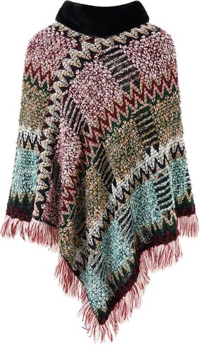Ferand Women's Cozy Boho Turtleneck Poncho Sweater with Fringe Stylish Chevron Design for Winter in Kuwait