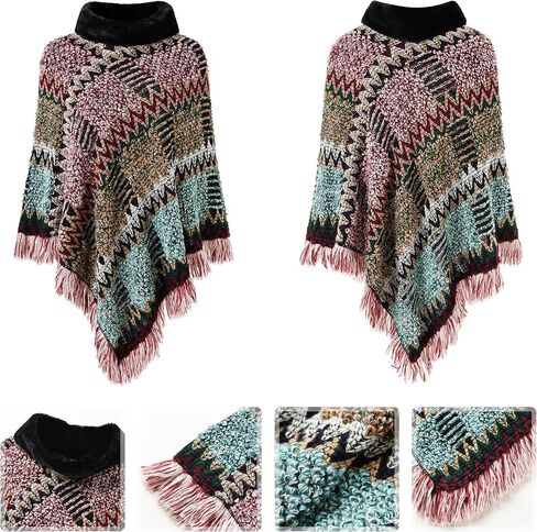 Ferand Women's Cozy Boho Turtleneck Poncho Sweater with Fringe Stylish Chevron Design for Winter in Kuwait