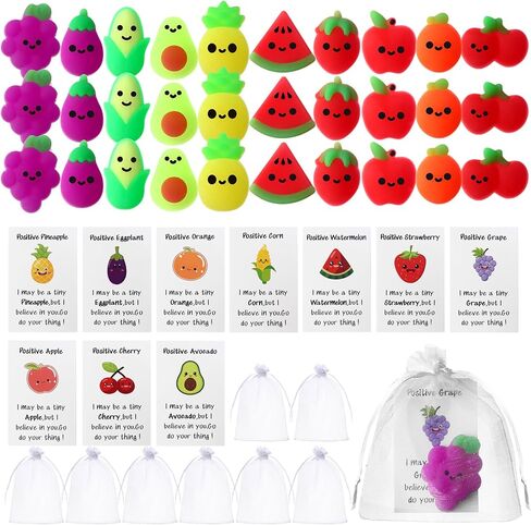 30 Sets Inspirational Positive Fruit Stress Toy Bulk Graduation Employee Gifts Fruit Stress Toy with Funny Cards Organza Bags Positive Emotional Support Gift for Coworker End of Year Students Teacher in Saudi Arabia