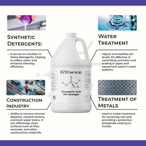حمض الفوسفوريك 75% من DIYChemicals - مزيل الصدأ، مزيل بقع الخشب، التحكم في درجة الحموضة، حمض الفوسفوريك عالي النقاء للمعادن، والأسمدة - صنع في الولايات المتحدة الأمريكية - 1 لتر (16 أونصة سائلة) in Kuwait