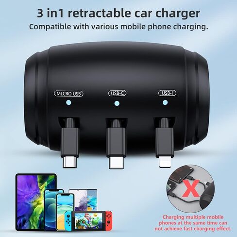 محطة شاحن سيارة متعددة قابلة للسحب، مسند للرأس 3 في 1، صندوق شحن، قاعدة شحن للعملاء للمقعد الخلفي مع محول شاحن سريع 36 وات QC 3.0 لجميع الهواتف|iPhone 15/14|Samsung|iPad|Android in Kuwait