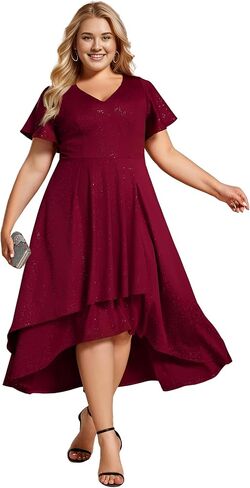 Ever-Pretty Plus Women's Short Sleeves V Neck Glitter Plus Size High Low Wedding Guest Dresses 71926-DA in Saudi Arabia