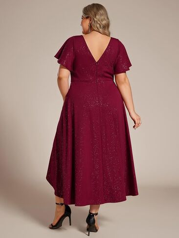 Ever-Pretty Plus Women's Short Sleeves V Neck Glitter Plus Size High Low Wedding Guest Dresses 71926-DA in Saudi Arabia