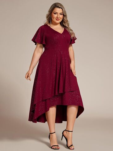 Ever-Pretty Plus Women's Short Sleeves V Neck Glitter Plus Size High Low Wedding Guest Dresses 71926-DA in Saudi Arabia