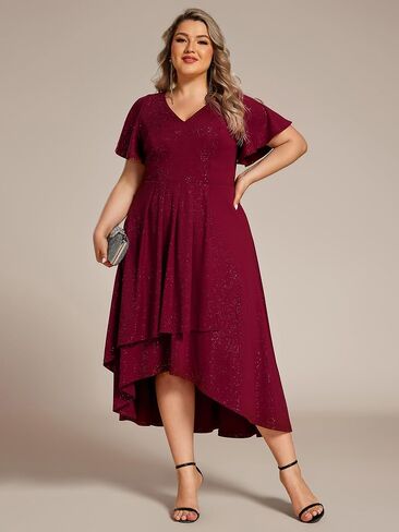 Ever-Pretty Plus Women's Short Sleeves V Neck Glitter Plus Size High Low Wedding Guest Dresses 71926-DA in Saudi Arabia
