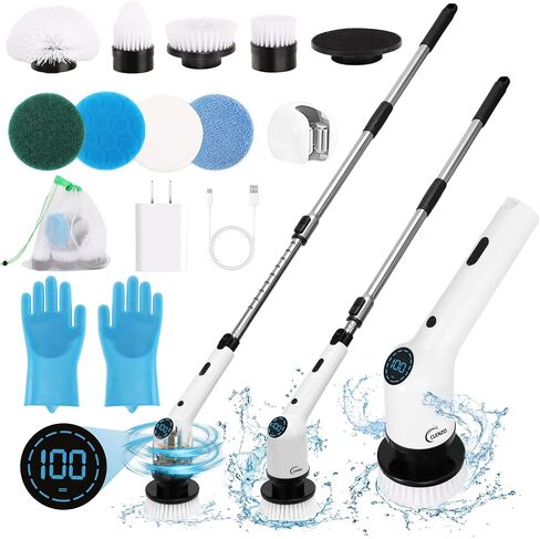 Electric Spin Scrubber, 9 in 1 Cordless Cleaning Brush with Type C USB Port, Charger, Gloves, 3 Adjustable Speed, LED Display, Electric Scrubber for Cleaning Bathroom Tub Tile Floor in Saudi Arabia