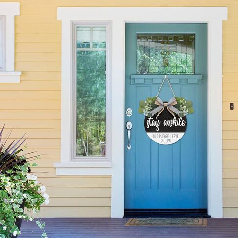 CHDITB 3D Stay Awhile ولكن يرجى المغادرة بحلول الساعة 9 مساءً لافتة الباب الأمامي (11.42 بوصة × 11.42 بوصة)، علامة ترحيب مضحكة مع شريط بأوراق خضراء صناعية، إكليل خشبي مزرعة ريفي لباب الشرفة والفصول الدراسية in Kuwait