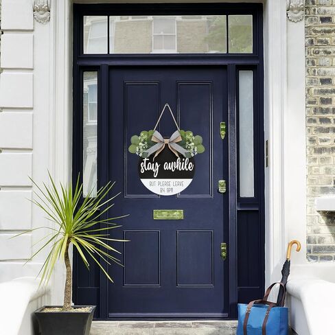 CHDITB 3D Stay Awhile ولكن يرجى المغادرة بحلول الساعة 9 مساءً لافتة الباب الأمامي (11.42 بوصة × 11.42 بوصة)، علامة ترحيب مضحكة مع شريط بأوراق خضراء صناعية، إكليل خشبي مزرعة ريفي لباب الشرفة والفصول الدراسية in Kuwait