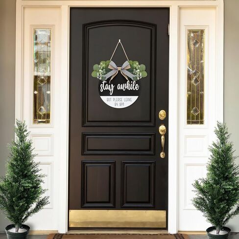 CHDITB 3D Stay Awhile ولكن يرجى المغادرة بحلول الساعة 9 مساءً لافتة الباب الأمامي (11.42 بوصة × 11.42 بوصة)، علامة ترحيب مضحكة مع شريط بأوراق خضراء صناعية، إكليل خشبي مزرعة ريفي لباب الشرفة والفصول الدراسية in Kuwait