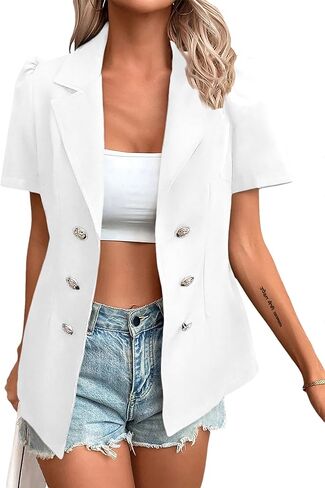 2024 Summer Womens Short Puff Sleeve Fully Lined Blazer Double Breasted Lightweight Casual Office Jackets in Kuwait