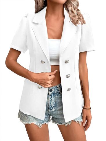 2024 Summer Womens Short Puff Sleeve Fully Lined Blazer Double Breasted Lightweight Casual Office Jackets in Kuwait