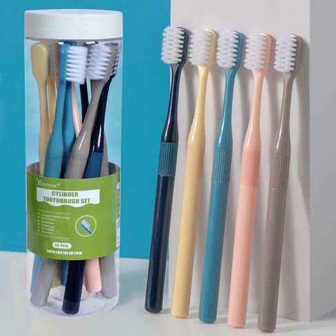 EasyHonor Cylinder Toothbrush, Soft Manual Toothbrush with Silk Bristles, Gentle Cleaning Toothbrush for Sensitive Teeth and Gums, Compact Head, Packaged in A Clear Cylinder. (10 Pcs) in Kuwait