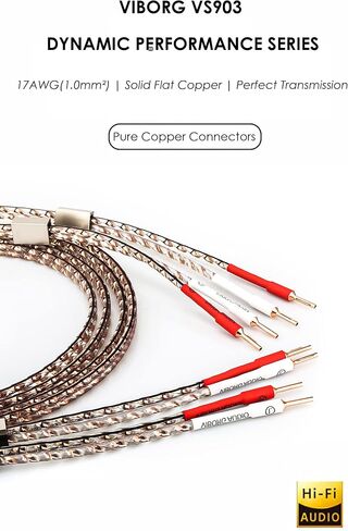 Viborg زوج VS903 سلك مكبر صوت ممتاز (نحاس مسطح صلب ملتوي)، 17AWG(1.0 مم2) كابلات مكبر صوت ديناميكية عالية الطرف مع قابس الموز النحاسي النقي VB401 للمسرح المنزلي (8.2FT/2.5M) in Kuwait