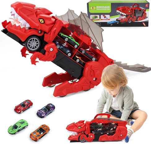 حاملة شاحنة نقل سيارات الديناصورات، مجموعة مسارات السيارات، شاحنة نقل الديناصورات، لعبة شاحنات الوحش للأطفال الصغار، تتحول إلى دينو، ألعاب الديناصورات للأطفال من سن 3 إلى 5 سنوات، ألعاب هدايا عيد الميلاد (أخضر) in Kuwait