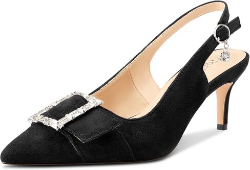 حذاء NobleOnly بمقدمة مدببة وكعب متوسط ​​للقطط للنساء بإبزيم من الخلف حذاء سهل الارتداء من حجر الراين حذاء كريستالي بكعب 2.6 بوصة in Kuwait