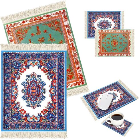 Hushee 4 Pcs Vintage Mini Mouse Pad Coasters Oriental Mousepad Floral Style Funny Desk Mat Coasters Graduation Gift for Boho Doll House Rug with Anti Slip Rubber Base for Desk(Classic Style) in Kuwait