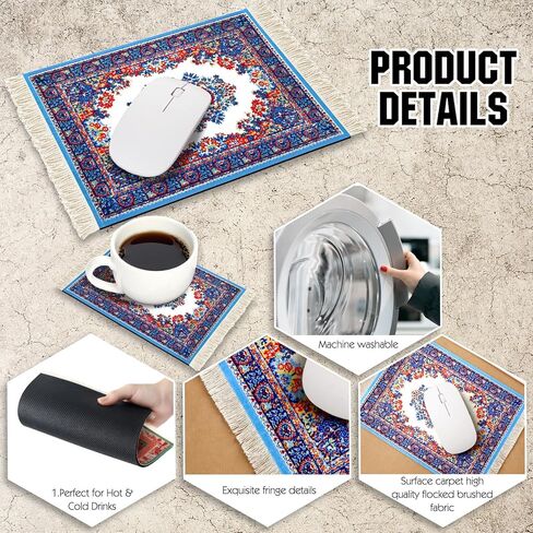 Hushee 4 Pcs Vintage Mini Mouse Pad Coasters Oriental Mousepad Floral Style Funny Desk Mat Coasters Graduation Gift for Boho Doll House Rug with Anti Slip Rubber Base for Desk(Classic Style) in Kuwait
