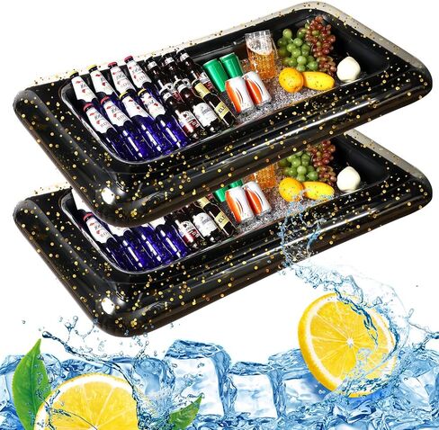 2 Pcs Inflatable Serving Bar Inflatable Cooler with Glittering Confetti Ice Food Drinks Inflatable Serving Black Gold Cooler with Drain Plug for Indoor Outdoor Salad BBQ Picnic Party in Saudi Arabia