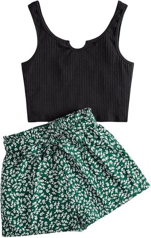 Floerns Girl's 2 Piece Outfit Notched Rib Knit Tank Top and Ditsy Floral Print Belted Shorts Sets in Saudi Arabia