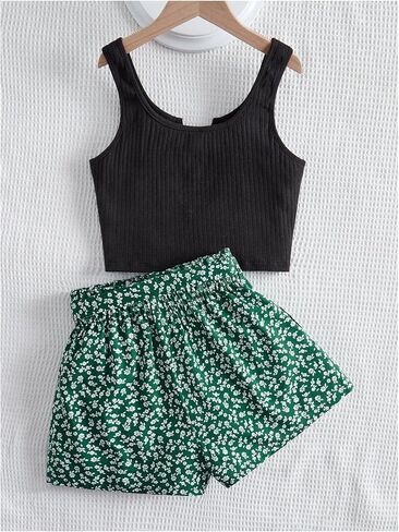 Floerns Girl's 2 Piece Outfit Notched Rib Knit Tank Top and Ditsy Floral Print Belted Shorts Sets in Saudi Arabia