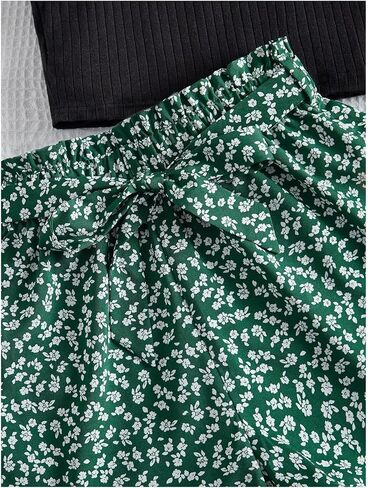 Floerns Girl's 2 Piece Outfit Notched Rib Knit Tank Top and Ditsy Floral Print Belted Shorts Sets in Saudi Arabia